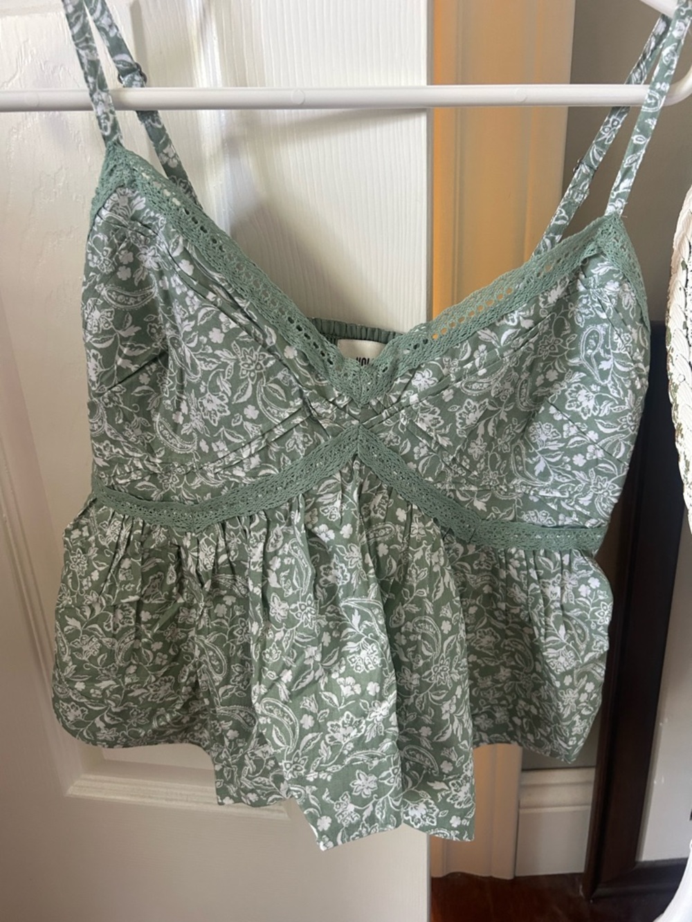 Hollister Floral Green Cami with Lace Trim